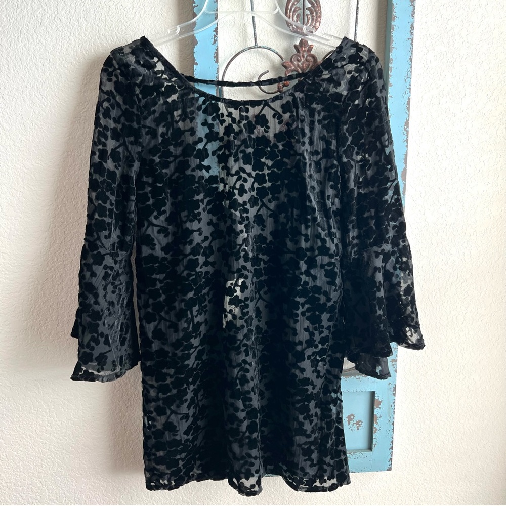 Gypsy Junkies Black Sheer Top, Velvet Flock Detailing